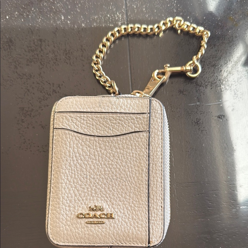 Coach Light Beige Leather Card Holder with Gold Chain